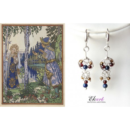 Серьги "Красавица" серебро, гранат, лазурит, гематит